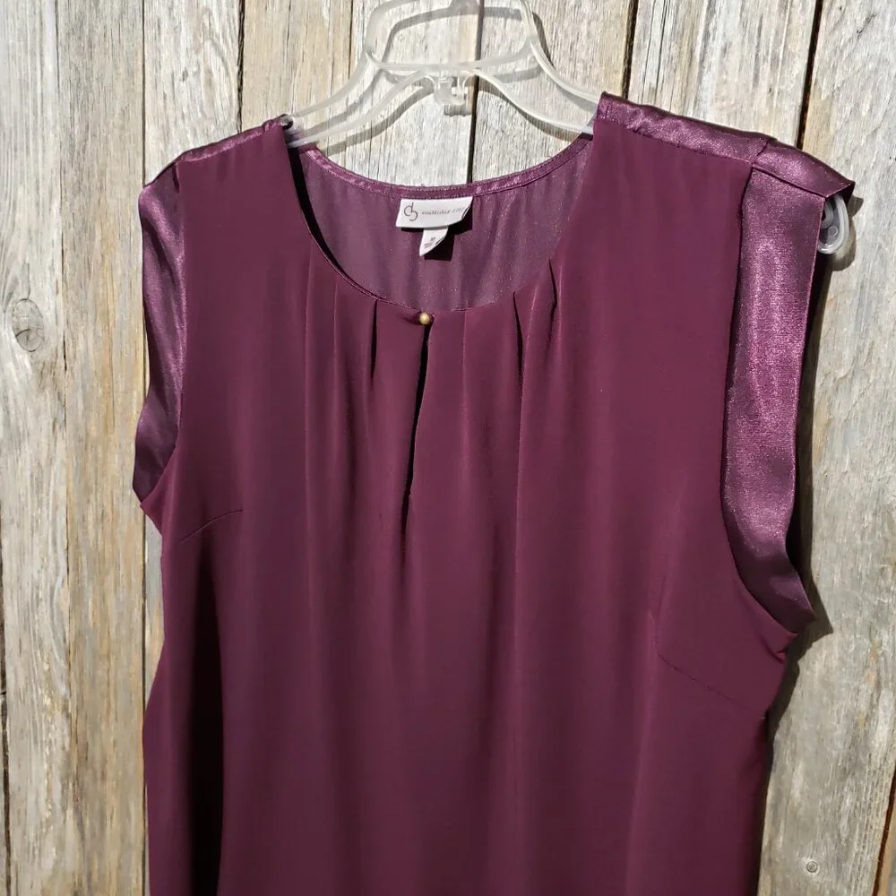 Dressbarn M Top Blouse Purple Mixed Media Stretch Pleated Satin Sleeveless Women - Picture 2 of 6